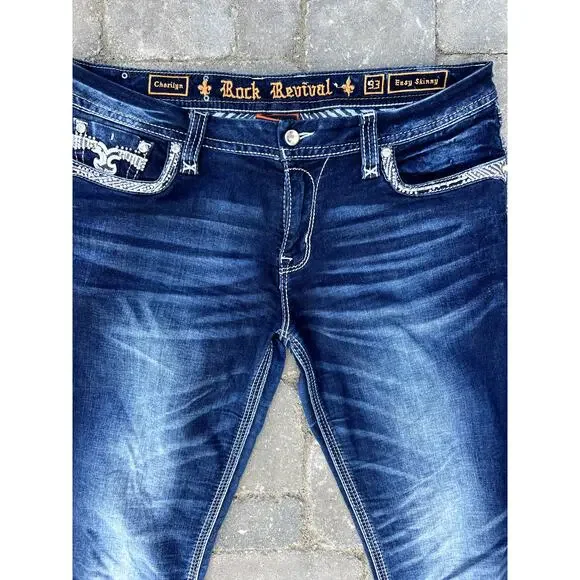 Rock Revival high rise embroidered dark easy skinny jeans size 33x32.5" - Picture 4 of 5